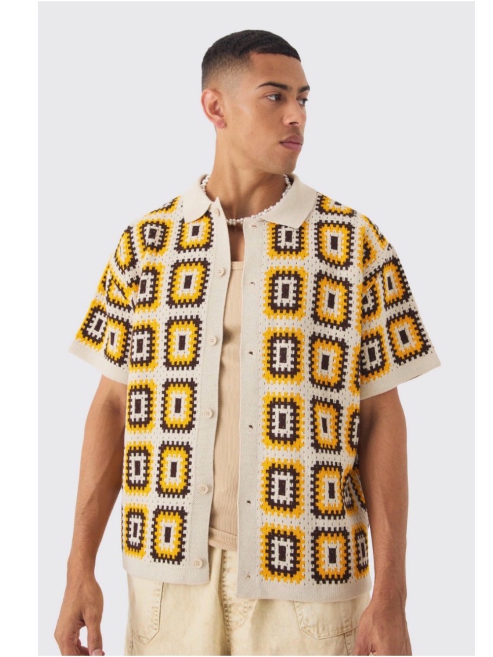 Boohoo Oversized Boxy Crochet Knit Shirt Button-Up Shirt in Lemon Yellow & Brown